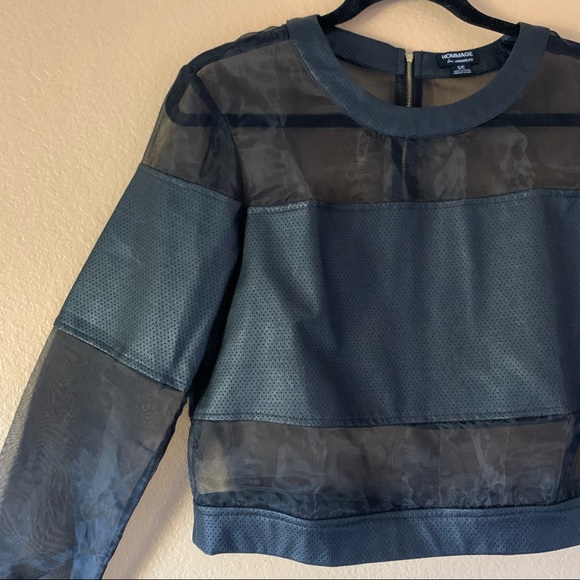 Homage for Los Angeles - Sheer Faux Leather Perforated Panel Long Sleeve Top - S - Picture 4 of 9